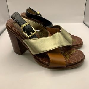 Sam Edelman Ivy Color Block Strappy Gold Brown Chunky Heel Sandal Women’s Sz 6M